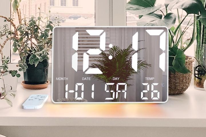 미러 대형 LED 무소음 탁상 스탠드 벽걸이 시계 무선리모컨 알람 snooze 온도 날짜