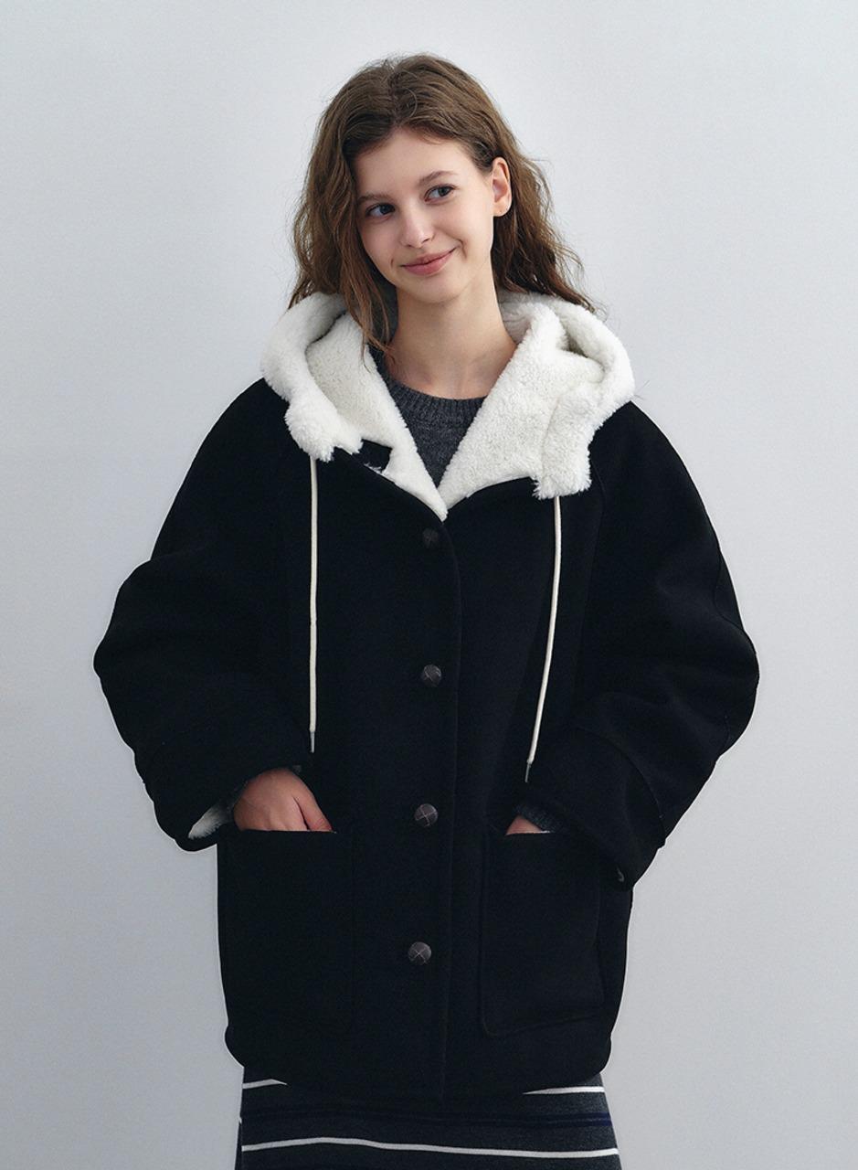 스웨이드 하프 후드 무스탕 - 블랙