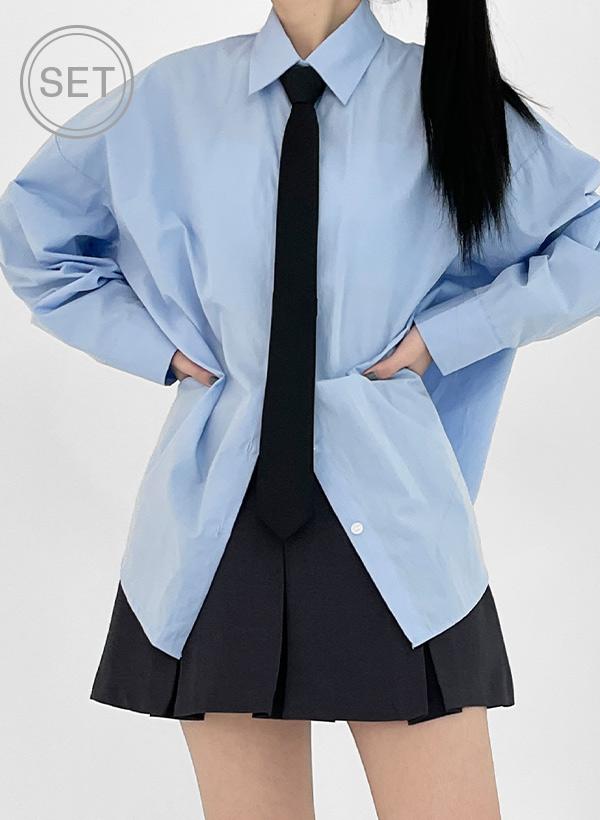 오버핏 베이직 코튼 셔츠 & 블랙 자동 넥타이 세트