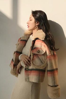 [무료배송]캔디체크 퍼배색 숏코트 자켓