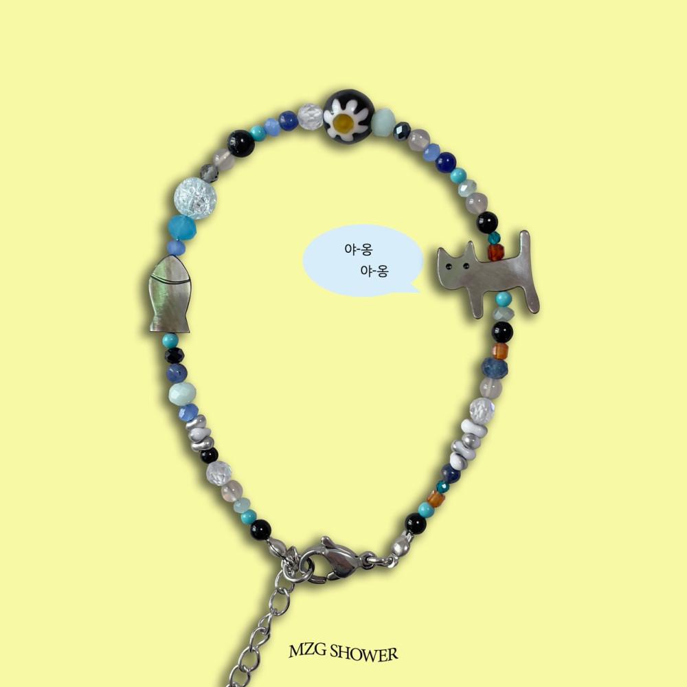 귀여운 팔찌 써지컬스틸 고양이 물고기 자개 원석 팔찌