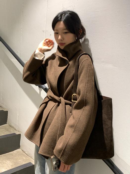 High Neck Half Handmade Coat[LMBEWI23CT702]-Brown Melange