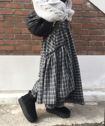 [MD극찬🖤] 로은 빈티지 프릴 롱 체크 스커트