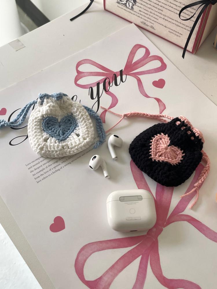 [커스텀 가능] 하트파우치 미니파우치 에어팟 버즈 파우치 케이스 뜨개 핸드메이드