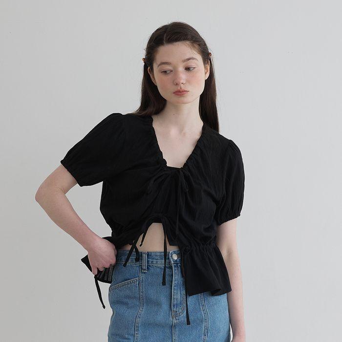 [2차_예약배송] RIBBON SHIRRING BLOUSE(BK)