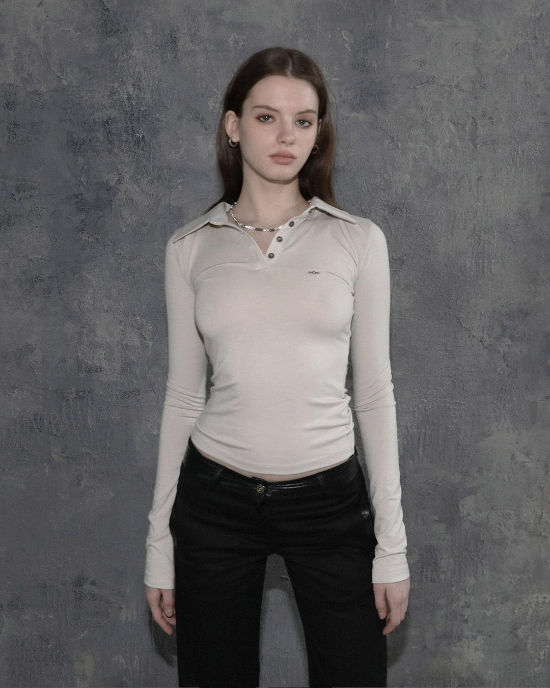 Metal triclipse polo long sleeve beige