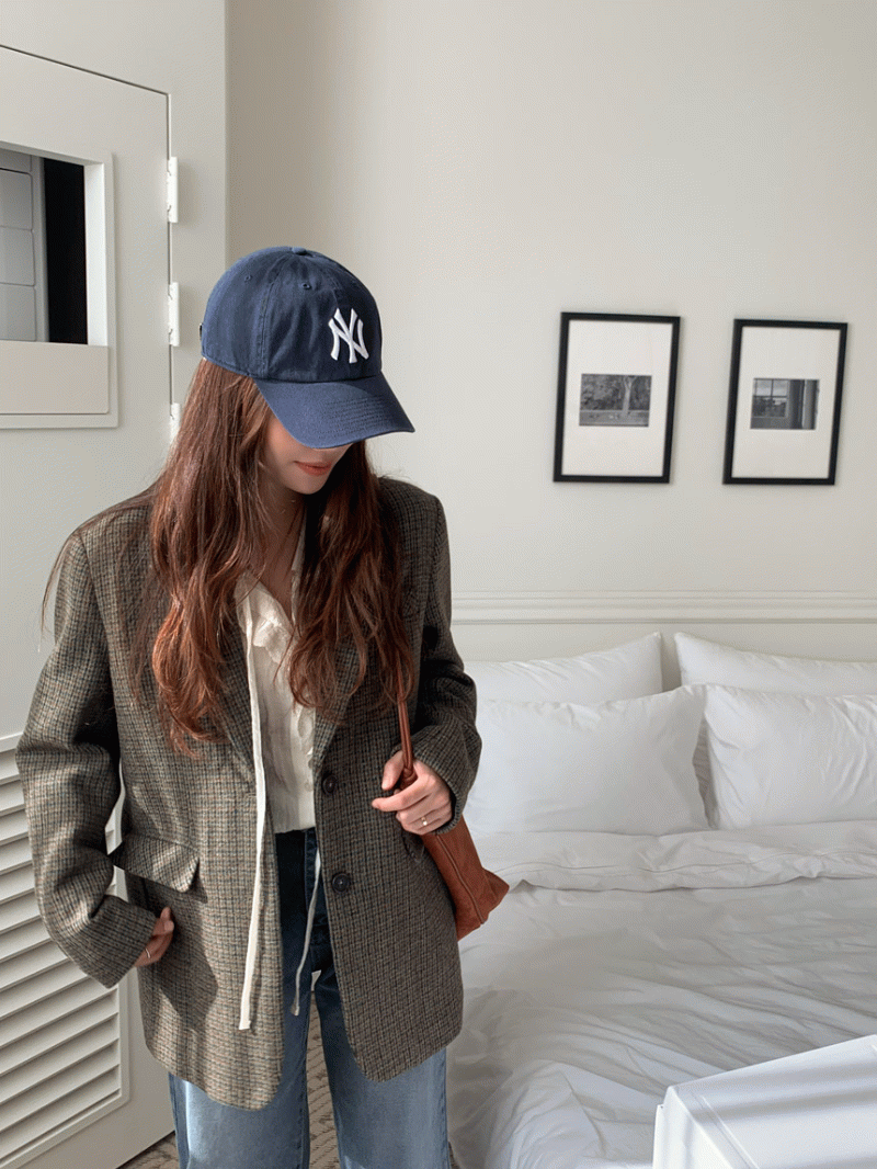 [울50]오버핏 클래식 빈티지 잔 체크 울 자켓