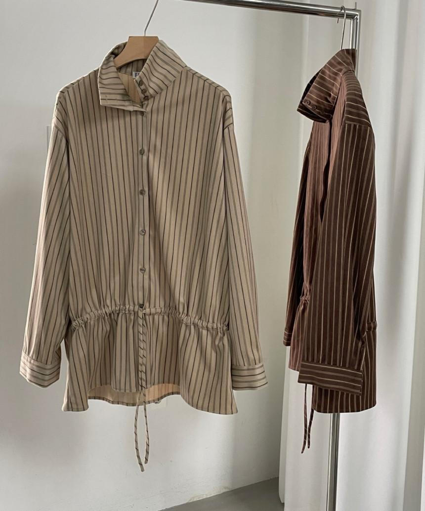 늘품다 플라워 FL 스트라이프 루즈핏 하이넥 허리 스트링 끈 누즈 셔츠