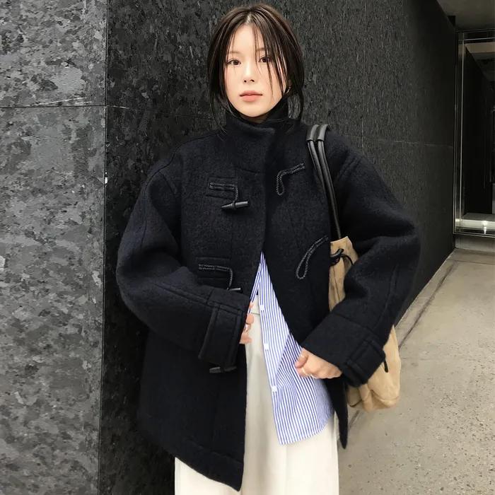 Hairy Wool Duffle Half Coat_Dark Navy