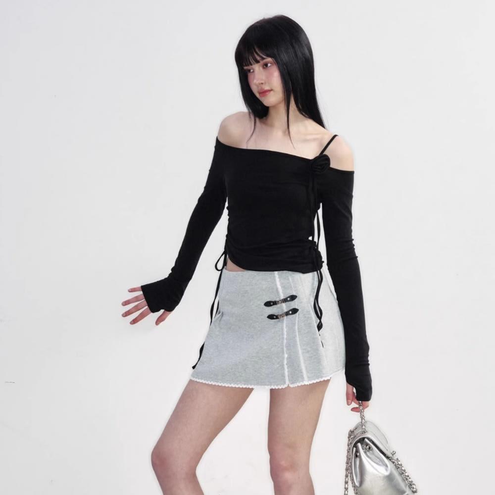 NS76 스커트 레이스 니트 가죽 단추 미니 A라인 플리츠 스커트
