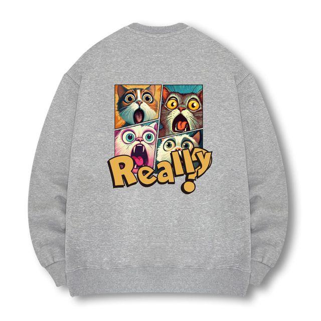 [국내생산/기모선택] 리얼리 카툰 고양이 프린팅 맨투맨 남녀공용 긴팔 티셔츠 루즈핏 빅사이즈(M~4XL)