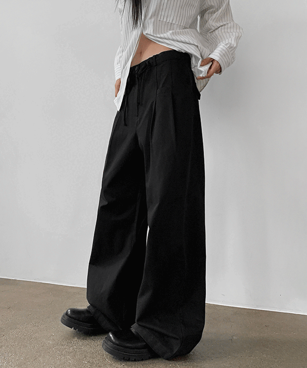 포니 스트링 핀턱 와이드 코튼 팬츠