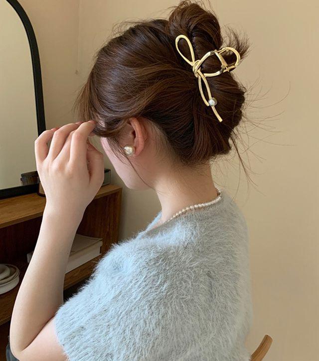 리본 진주 메탈 헤어 집게핀