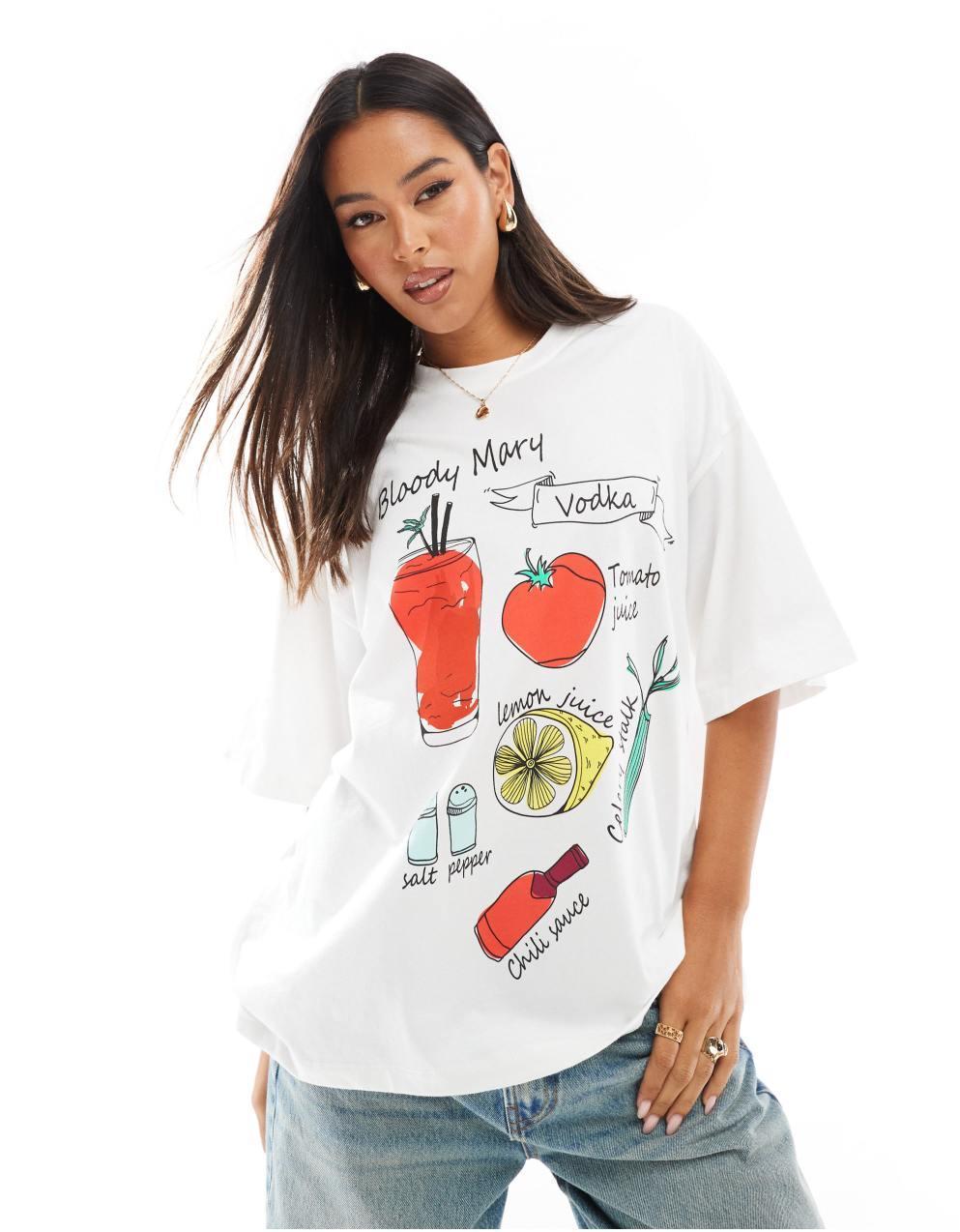 ASOS DESIGN 블러디 메리 칵테일 그래픽이 들어간 화이트 오버사이즈 티셔츠