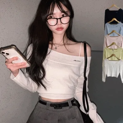 팬던트 입술넥 오프숄더 크롭긴팔 봄knit -5col