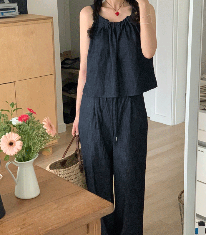 [MADE]  당배~ 디브 투피스 [블라우스+팬츠] 진청 크롭 나시 데님 청팬츠 오버핏 밴딩 와이드 팬츠 데이트룩 여행룩 휴양지 바캉스룩