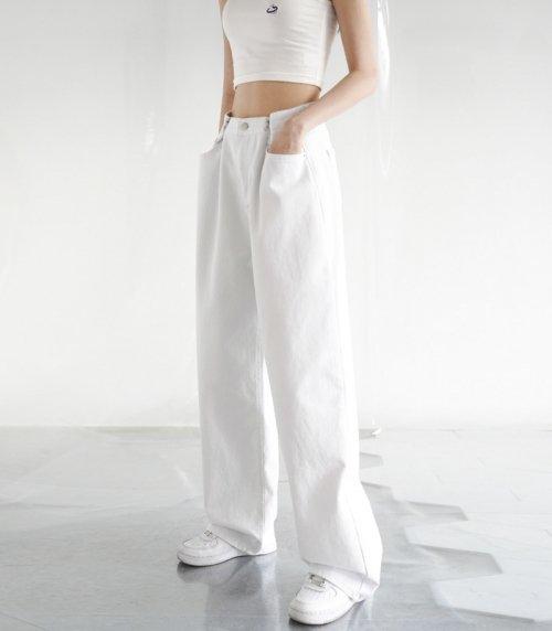 BUCKLE WIDE DENIM PANTS WHITE
