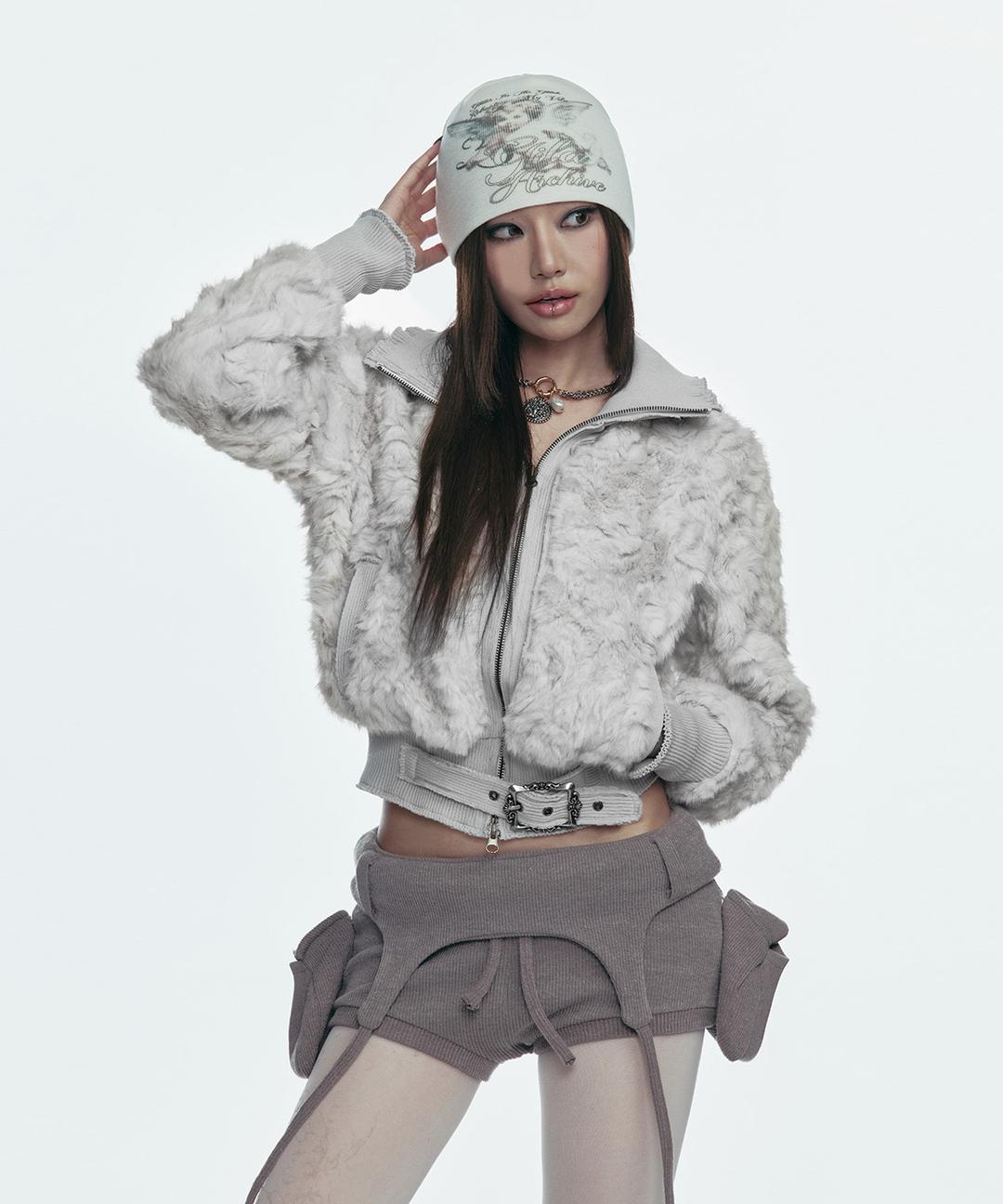 FAUX FUR BELT ZIP JACKET_GREY