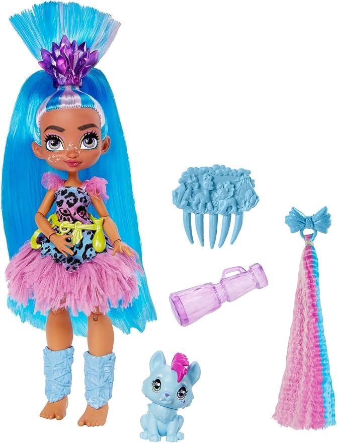 Mattel Cave Club GNM11 텔라 (Tella) 인형 (25.4cm (10인치), 블루 헤어), 애완 공룡 및 액세서리가 포함된 선사시대 패션 인형, 만 4세 이상 선물 (아마존 독점), 멀티