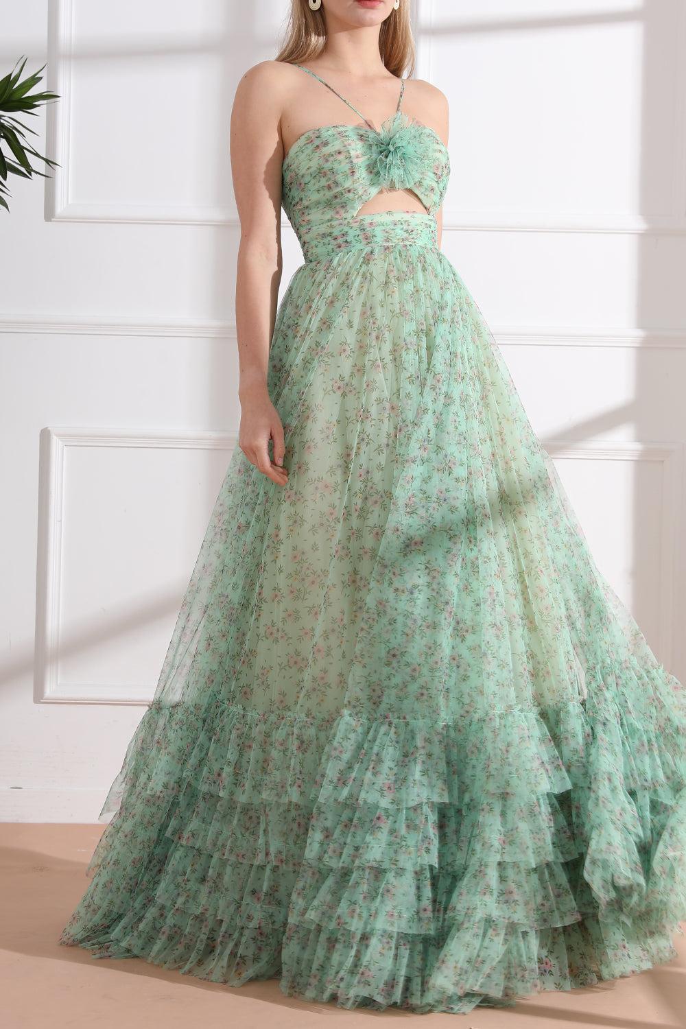 Cut Out Corset Floral Print Tulle Tiered Prom Dress