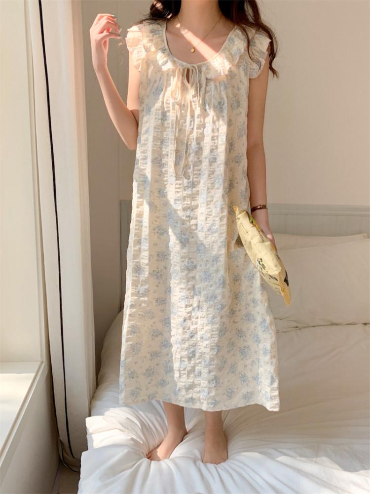 (베일드원피스잠옷) 임산부원피스 빅사이즈 여름 리본 꽃무늬 홈웨어 편한 면 파자마