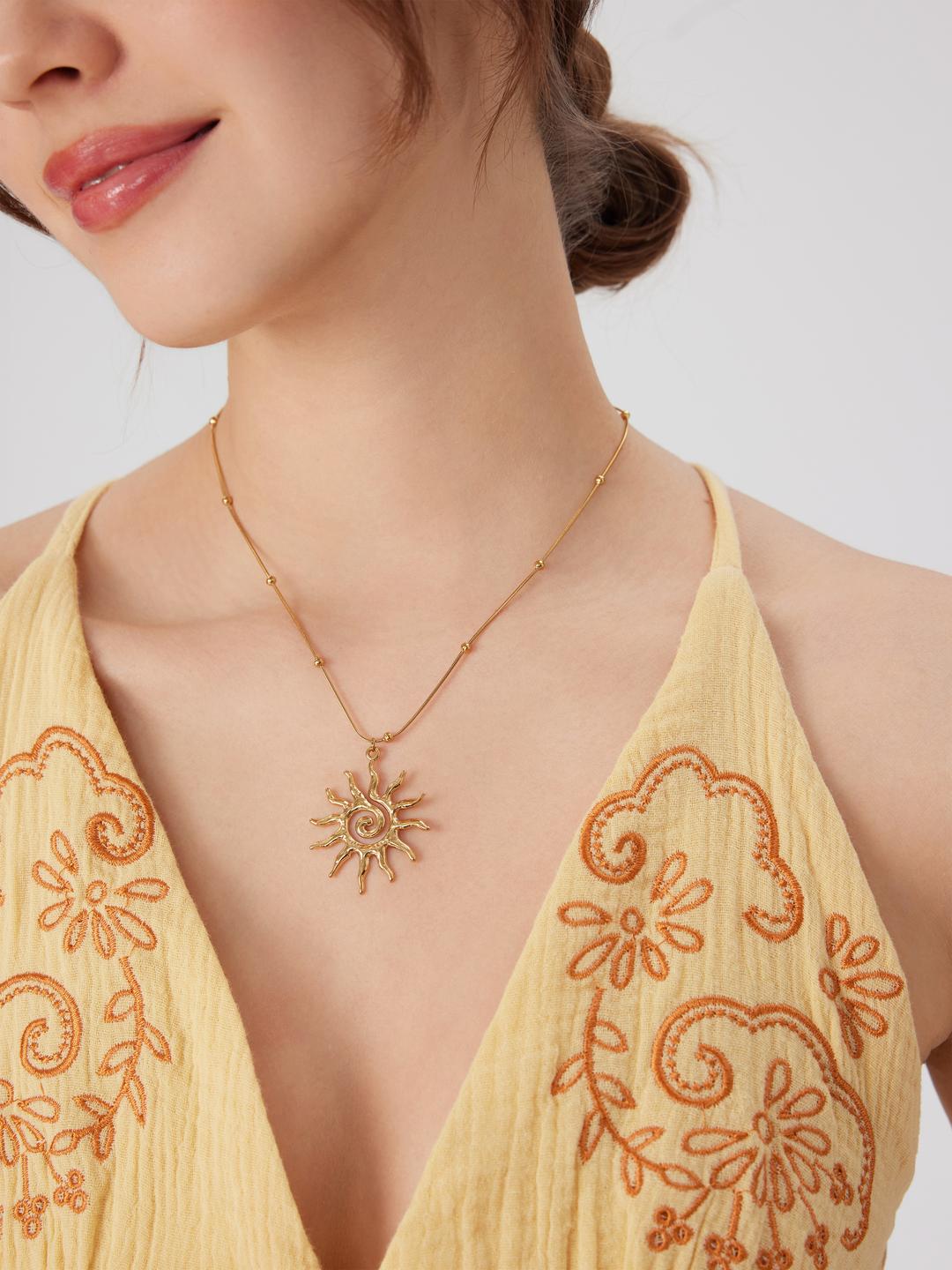 SUN & BEAD 18K GOLD PLATED STAINLESS STEEL PENDANT NECKLACE