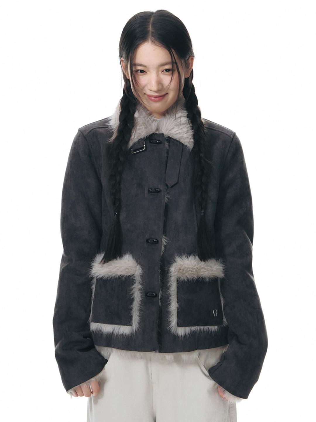 TAKEANAP Fur Collar Buckle Jacket