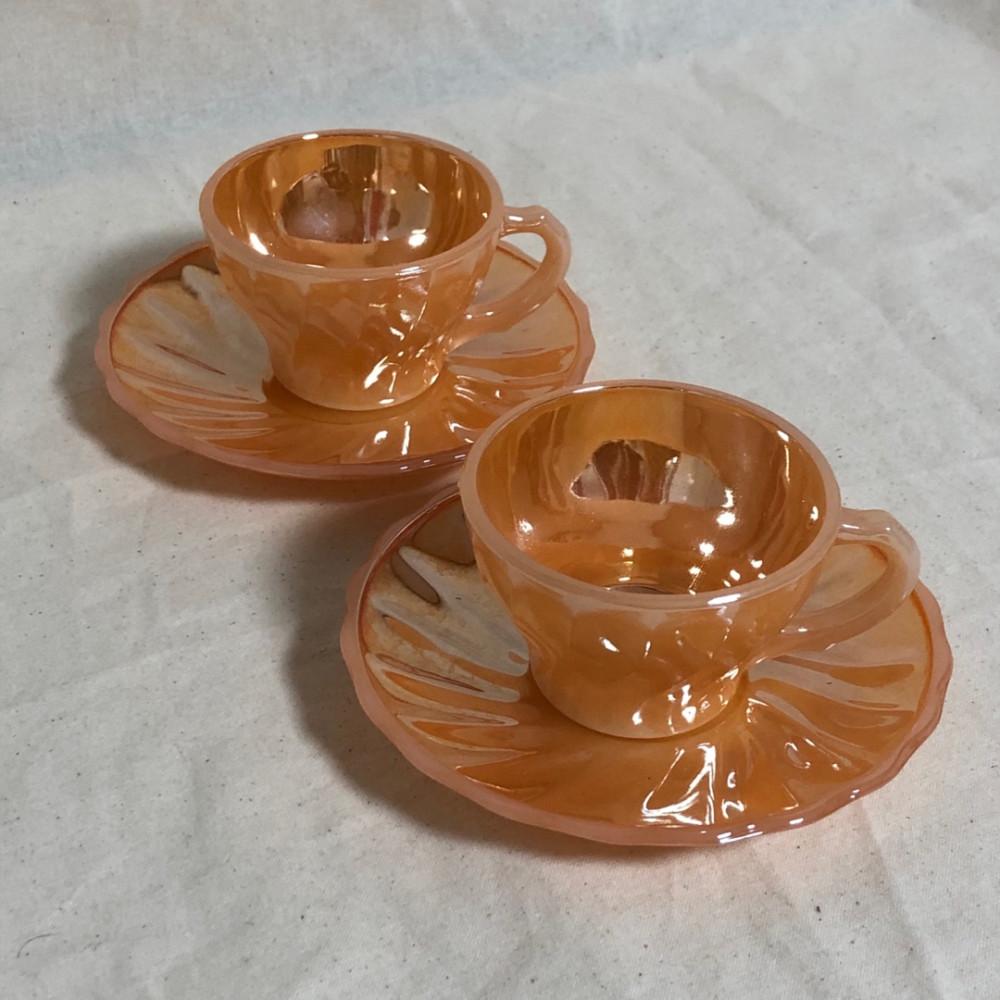 [미사용] 파이어킹 앵커호킹 피치코랄 컵&소서 세트 / fireking anchor hocking peach cup & saucer