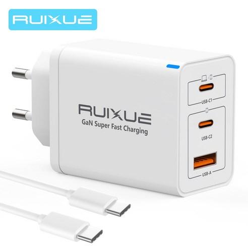 RUIXUE 65W 3포트 GaN C 타입 고속 충전기 호환 애플 아이폰 16 15 삼성 S24 S25 A15 맥북 노트북 아이패드 프로 에어 미니 +1m C to C 게이블, 65W,화이트, 1개