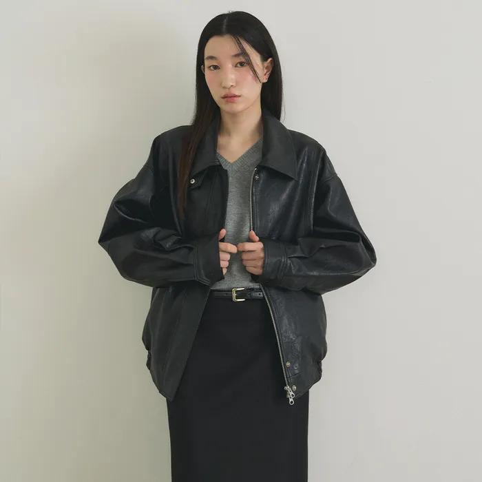 over fit leather blouson jacket-black