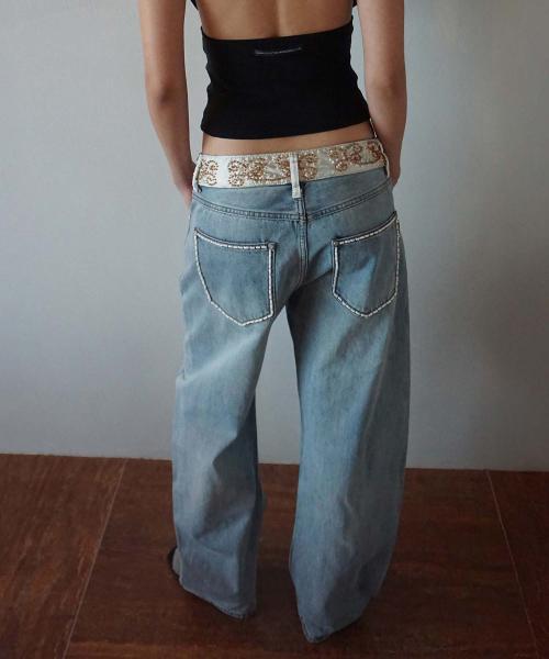 Beaded Waist Denim Pants Mid Blue