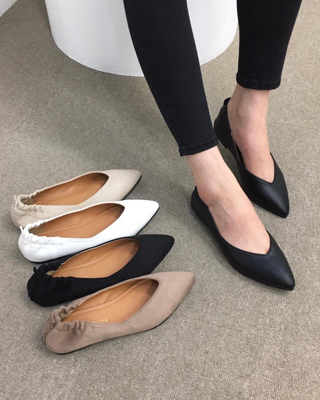 코코로마켓 [당일배송/국산수제] 가죽/스웨이드 스틸레토 소프트 밴딩 플랫슈즈