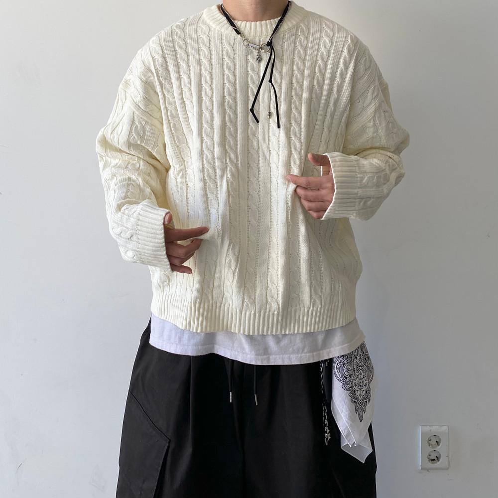 FW 크롭 꽈배기 라운드니트 (5C / 블랙 아이보리 올리브 핑크 네이비)