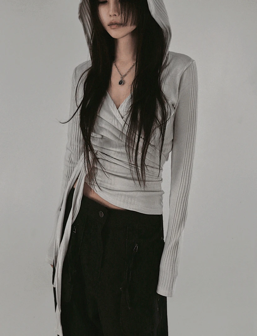 IS WRAP HOOD V-NECK V-NECK STRAP HOODED CARDIGAN 이즈 랩후드 V넥 골지 스트랩 후드가디건 (3COLORS)