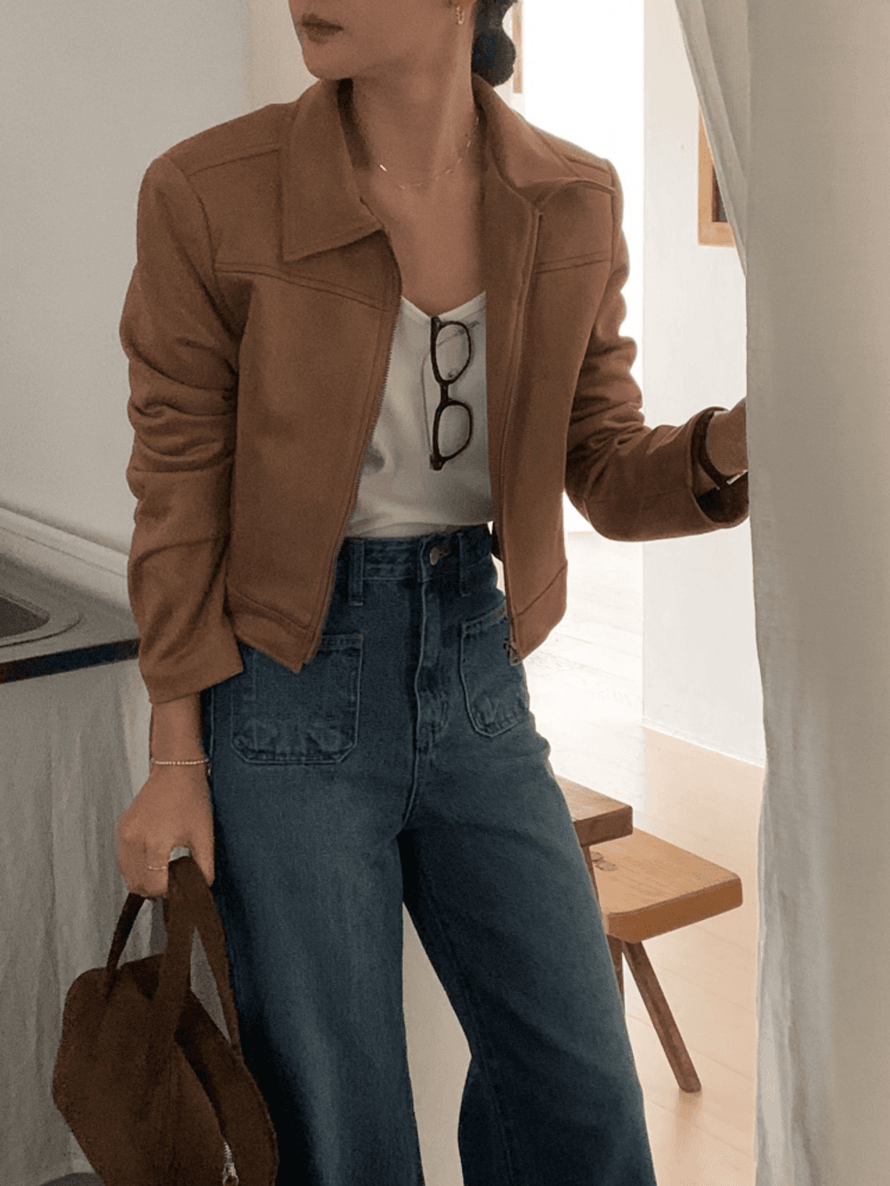 베이 스웨이드 숏 크롭 자켓