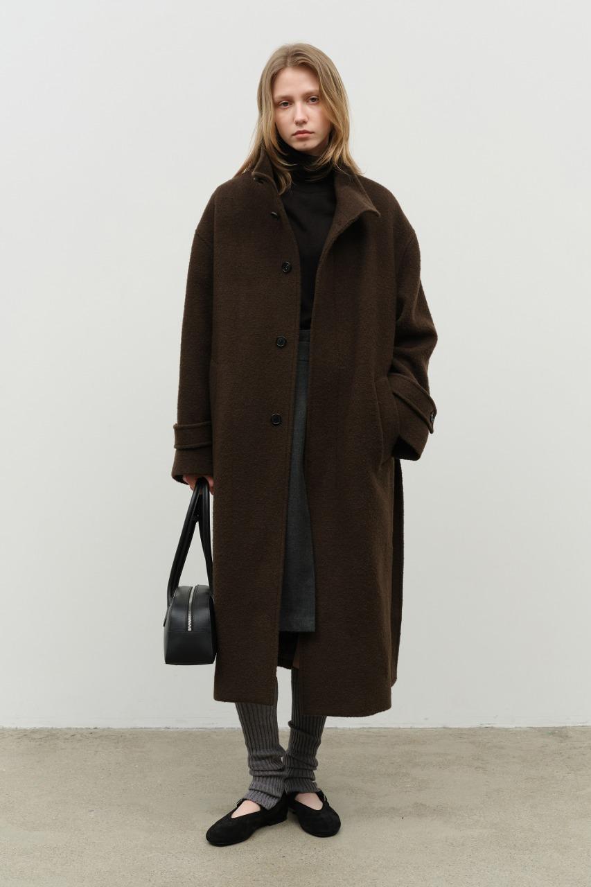 UNISEX STAND COLLARED WOOL COAT DARK BROWN