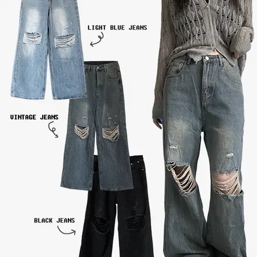[S-XL]레트로 데미지 빈티지 구제 데님 찢청 통와이드 골반라인 팬츠