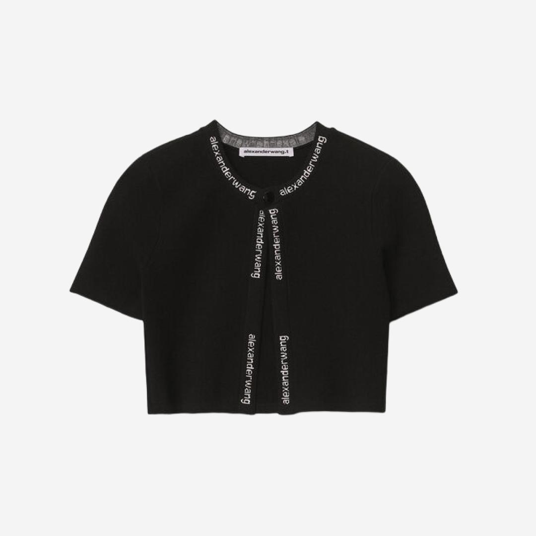 (W) Alexander Wang Jacquard Short Sleeve Logo Cardigan in Stretch Knit Black