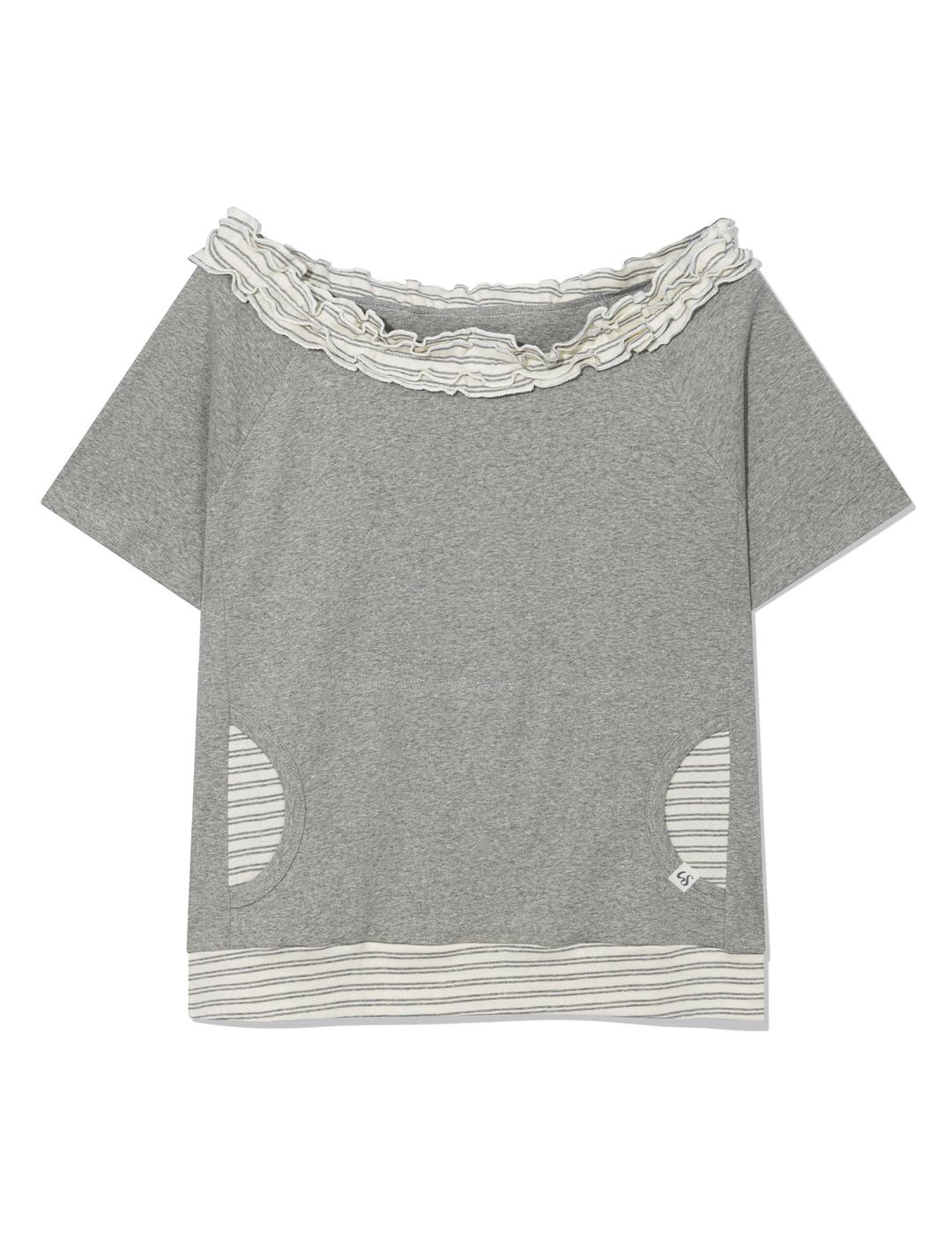 STRIPE FRILL OFF-SHOULDER(GREY)