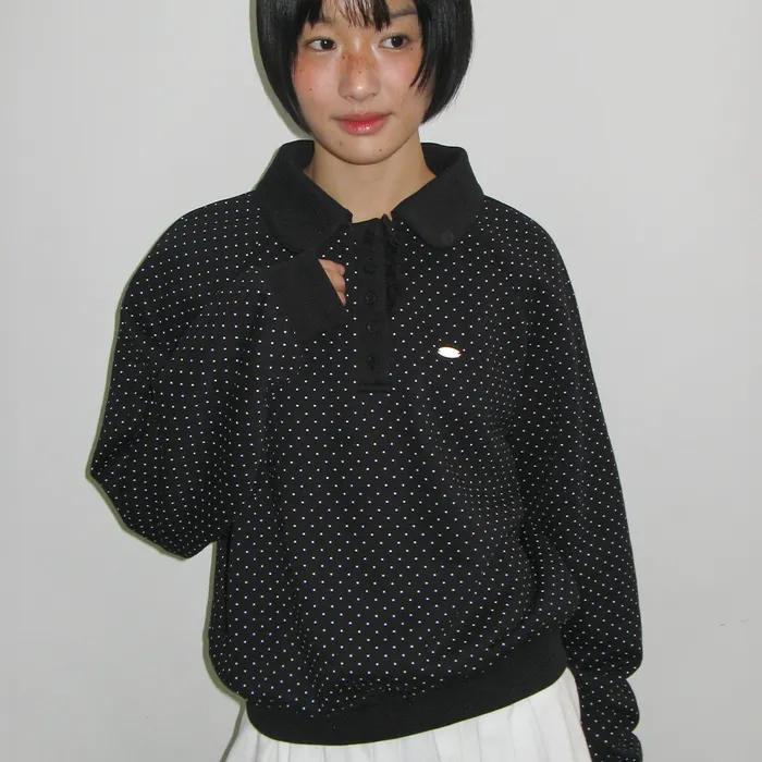 DOT FRILL HENRYNECK SWEATSHIRT BLACK
