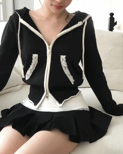 [ knit ! ] 블랙 라떼 레이스드 니트 후드 JP