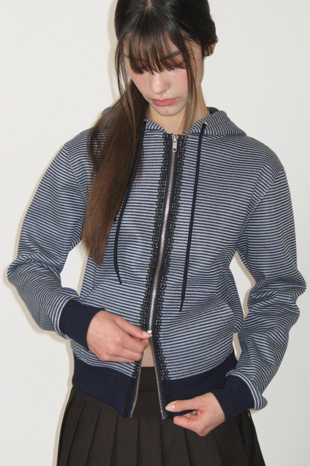 Lace Stripe Hoodie Zip-up (GRAY)