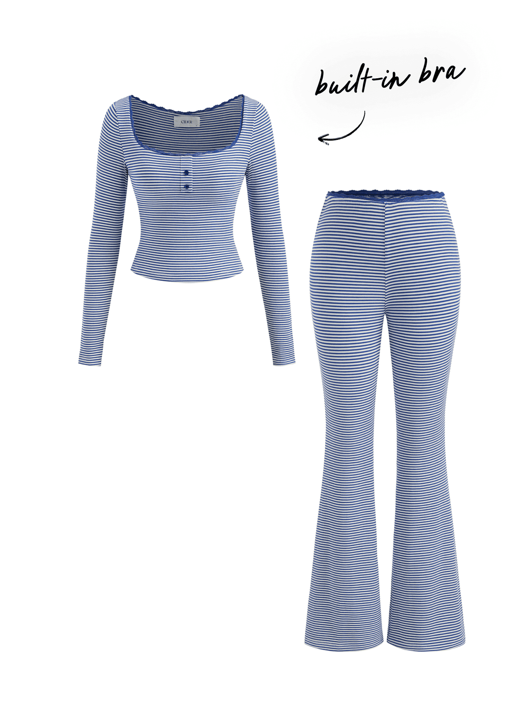 Square Neck Stripe Lettuce Trim Top & Low Rise Flared Trousers Loungewear Set