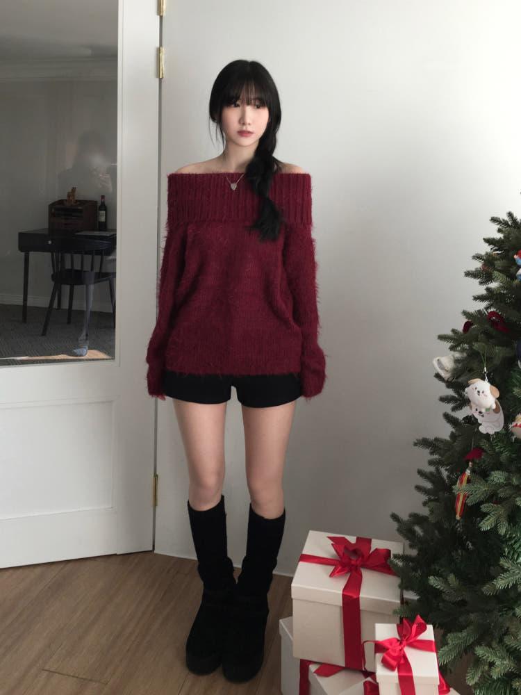 헤어리 오프숄더 니트 (2color)