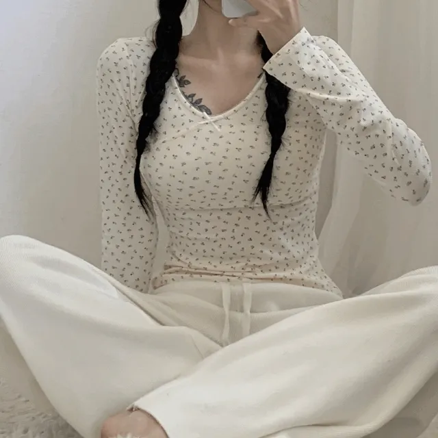 빈티지 잔꽃 브이넥 리본 긴팔티