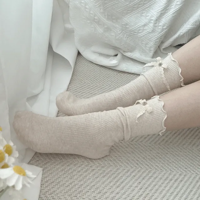레이스리본 양말 셔링밴드 양말 3Colors (Beige, Gray, Black)