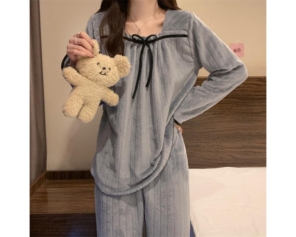 [3컬러] 배색 리본 극세사 수면잠옷 여성 파자마세트 겨울 포근한 홈웨어 상하세트 주름 골지 따뜻한 수면바지 여성잠옷 여자잠옷 겨울잠옷