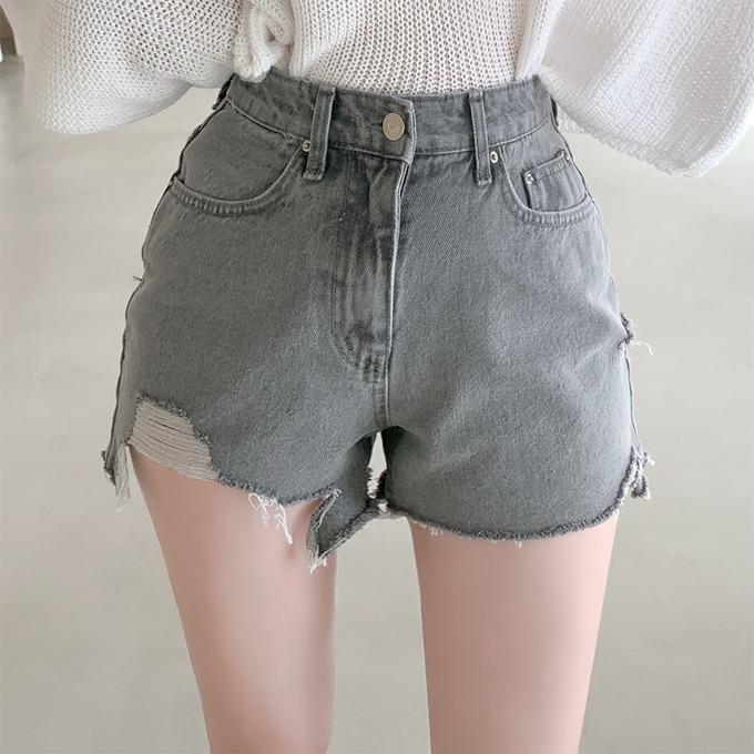 제너럴 하이 헤짐 데미지 트임 밑단 컷팅 데님 숏팬츠 반바지 (그레이)