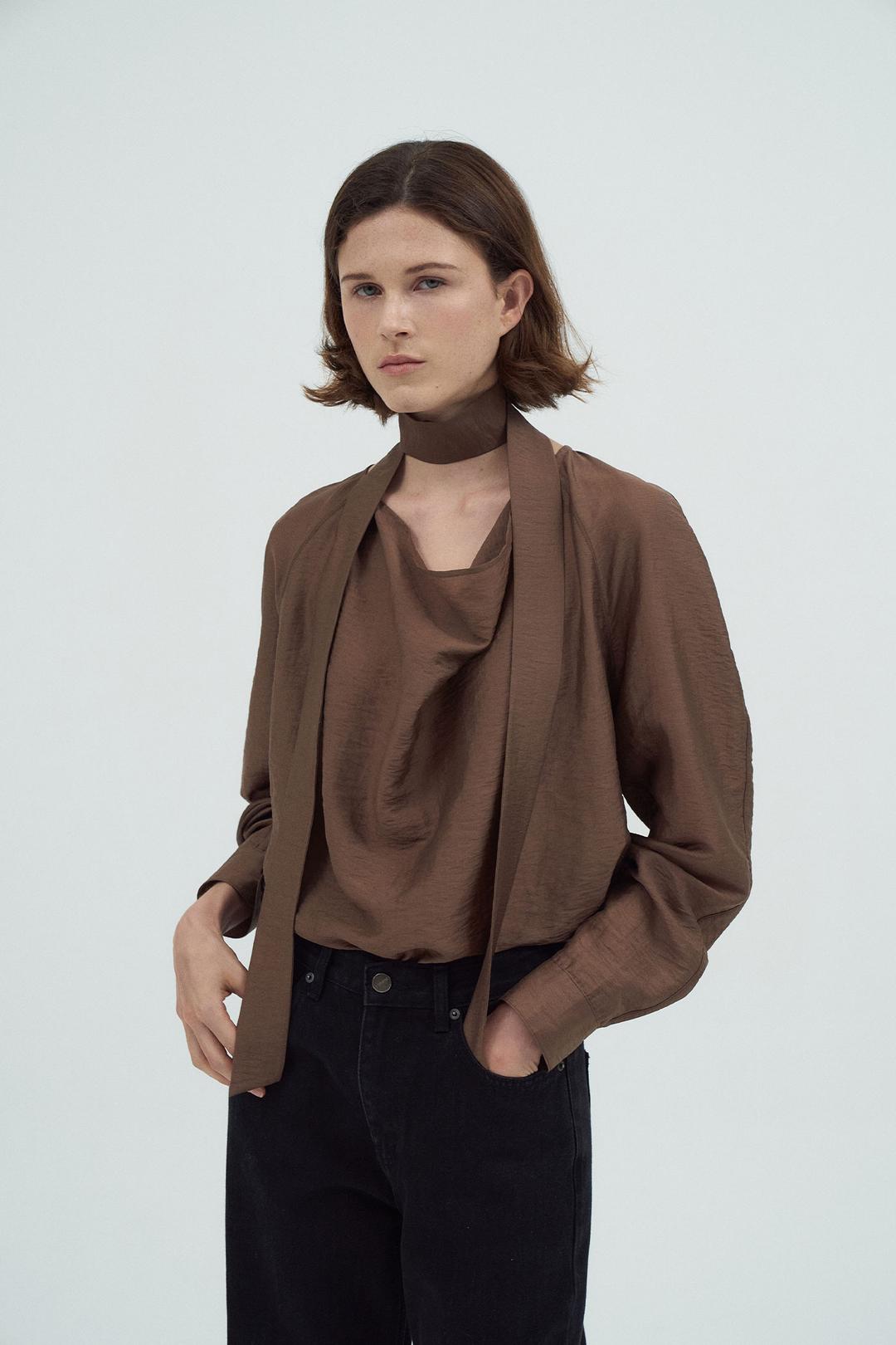 Drape Tie Blouse[LMBEAUSH312]-Brown