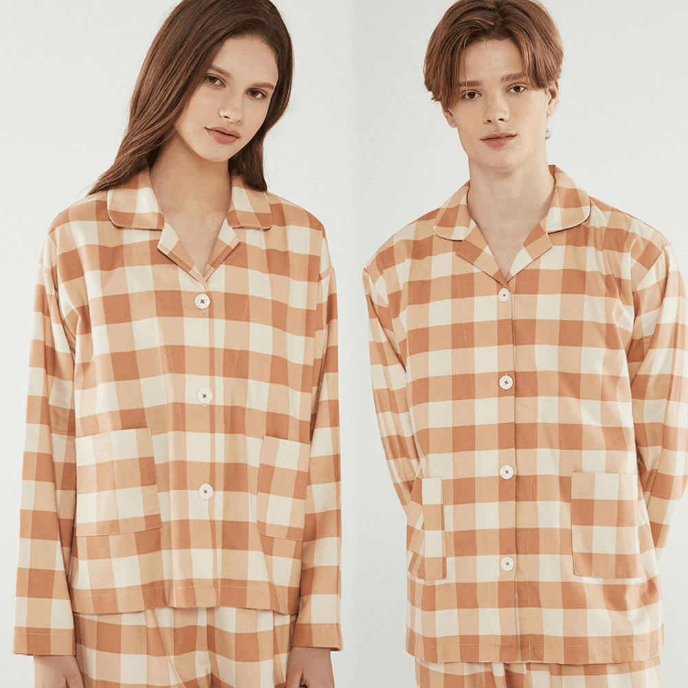 로이 베이지 체크 커플 파자마 세트 피치기모